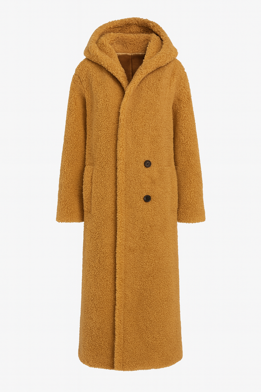Damski Płaszcz z Futerkiem Teddy | Długi Fason z Kapturem | Ciepły i Stylowy na Zimę