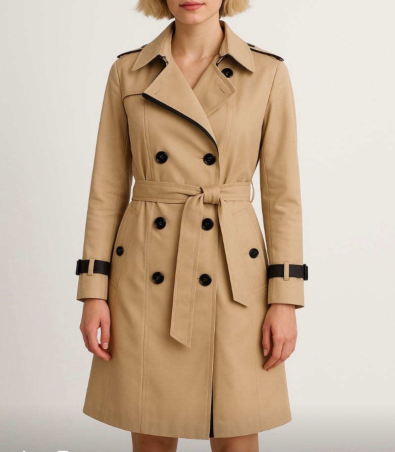 Krótki Trencz Dwurzędowy z Paskiem | Klasyczny Krój | Elegancja w Miejskim Stylu